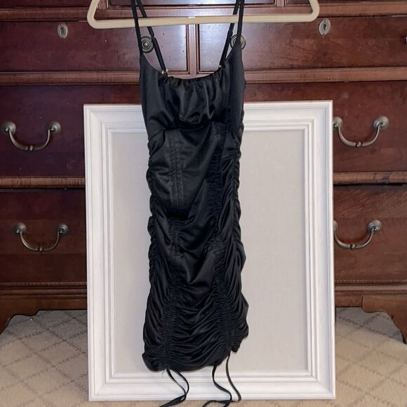Black bodycon dress with shirred bust and ruched sides with ties- S - Picture 1 of 7